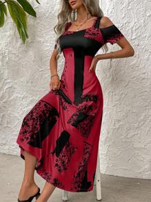 SHEIN Clasi Đầm Maxi hở vai cổ vuông tay ngắn họa tiết hoa đơn giản cho nữ, trang phục thường ngày màu đỏ tía cho nữ - Màu Đỏ Sâu - Xem 4