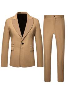 Manfinity Mode Men's Casual Color Blocking Lapel Suit Set, Autumn - Khaki - View 3