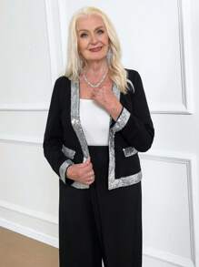 EMERY ROSE Women's Autumn Stylish Sequin Patchwork Front Open Jacket Fall Cloth For Women - Black - View 1