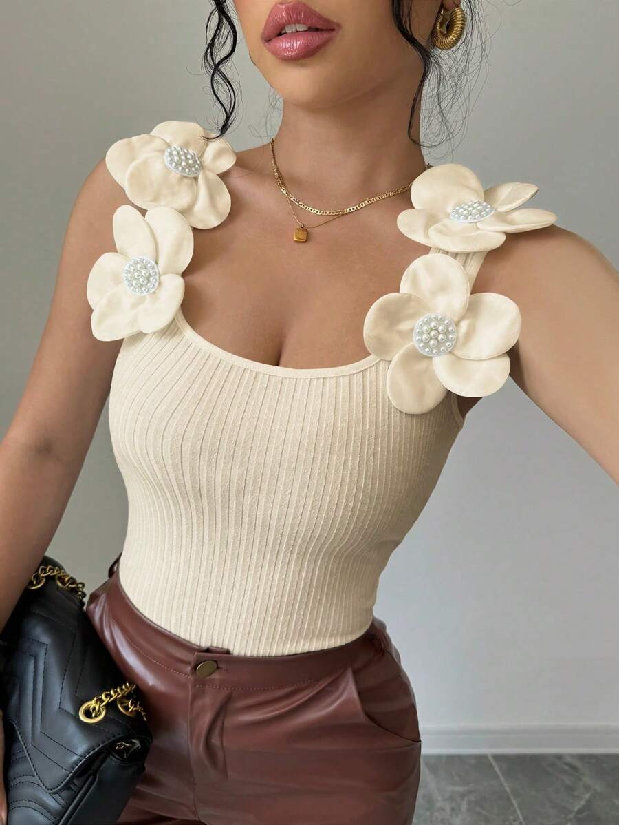 Elenzga 女式白色方领精致花卉休闲厚罗纹背心 - 杏色 - 查看 1