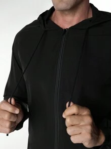Manfinity Fitness 男友风男士字母印花连帽长袖运动夹克运动外套 - 黑色 - 查看 7