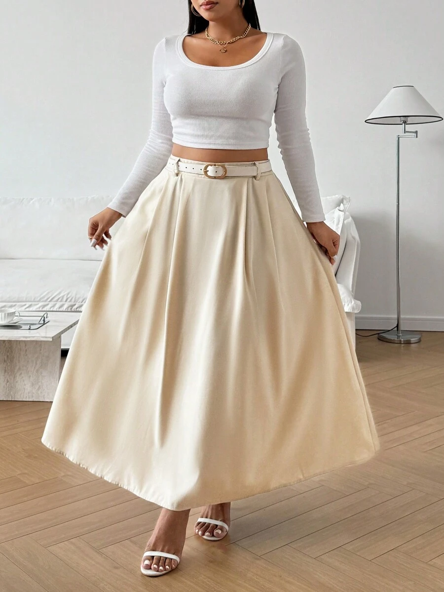 Celure 纯色简约风百褶装饰大码休闲半身裙 - 杏色 - 查看 1