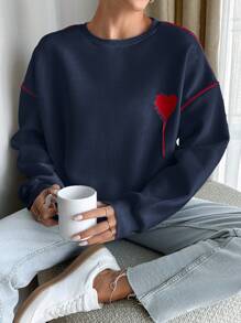 RueChic Red Heard Embroidered White Sweatshirt With Red Piping At Sleeves