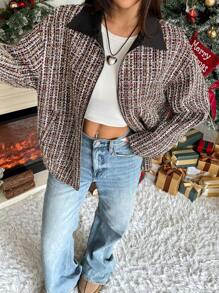 SHEIN EZwear Women's Casual Plaid Long Sleeve Zipper-Front Loose Jacket, Regular Fit, Autumn - Multicolor - View 1