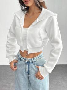SHEIN PETITE Jachetă minimalistă cu glugă pentru femei, cu fermoar în față, cu mânecă lungă, buzunare, îmbrăcăminte zilnică ocazională, topuri cu mânecă lungă
