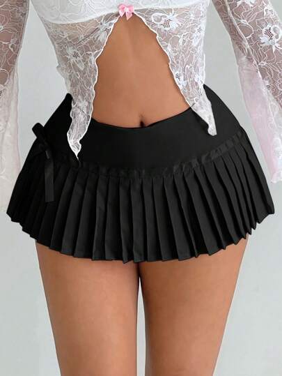 Sweetina Low-Waist Mini Pleated Skirt With Bow Decor