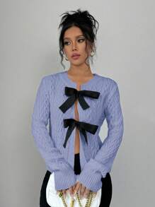 SHEIN Unity كارديجان قصير بأكمام طويلة للنساء مزين بفيونكة للخريف والشتاء - الأزرق - مشاهدة 3