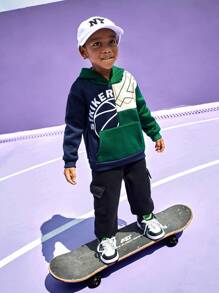 SHEIN Young Boys Hooded Sweatshirt With Contrast Color Print, Thermal Lined Warm Sports Pullover Fit For Football, Tennis, Basketball, Long Sleeve - Multicolor - View 3