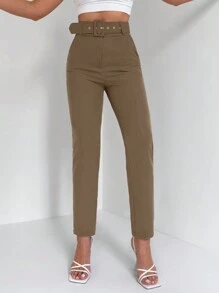 EURMUSE Women Plain Eyelet & Buttoned Waist Straight Leg Casual Pants - Khaki - View 4
