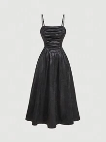 SHEIN MOD Women's Elegant Black Textured Ruffles Midi Dress,Sexy,Hippie,Going Out,Masquerade Ball,Cat Woman Costume, , ,Fairy Dress,Witch Dress,Concert Women Outfit - Black - View 1