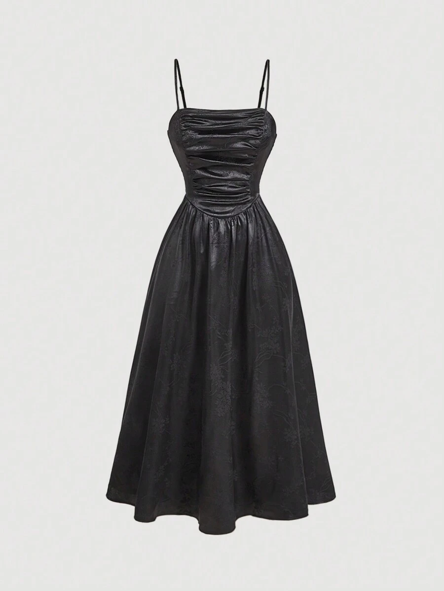 SHEIN MOD Women's Elegant Black Textured Ruffles Midi Dress,Sexy,Hippie,Going Out,Masquerade Ball,Cat Woman Costume, , ,Fairy Dress,Witch Dress,Concert Women Outfit - Black - View 1
