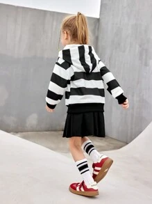 SHEIN Young Girl Outdoor Sports Winter Striped Contrast Color Thermal Lined Hoodie Sweatshirt, Breathable & Soft For Running, Workout & Training - Black and White - View 2