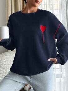 RueChic Red Heard Embroidered White Sweatshirt With Red Piping At Sleeves