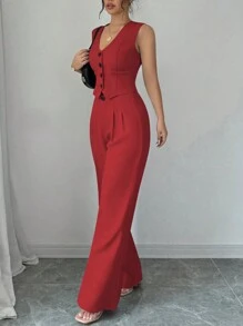 Selianne Sleeveless Blazer Vest & Solid Wide Leg Pants 2pcs Suit Set For New Year Clothes - Red - View 5