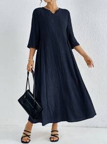 Mulvari Vestido casual largo de mujer, con cuello en V, mangas a media altura y diseño sencillo