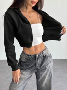 SHEIN PETITE Áo hoodie crop top tay dài Y2K có khóa kéo cho mùa thu/đông - màu đen - Xem 6