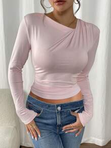 Calvaya Asymmetrical Ruched V-Neck Cinched Waist Fitted Long Sleeve T-Shirt