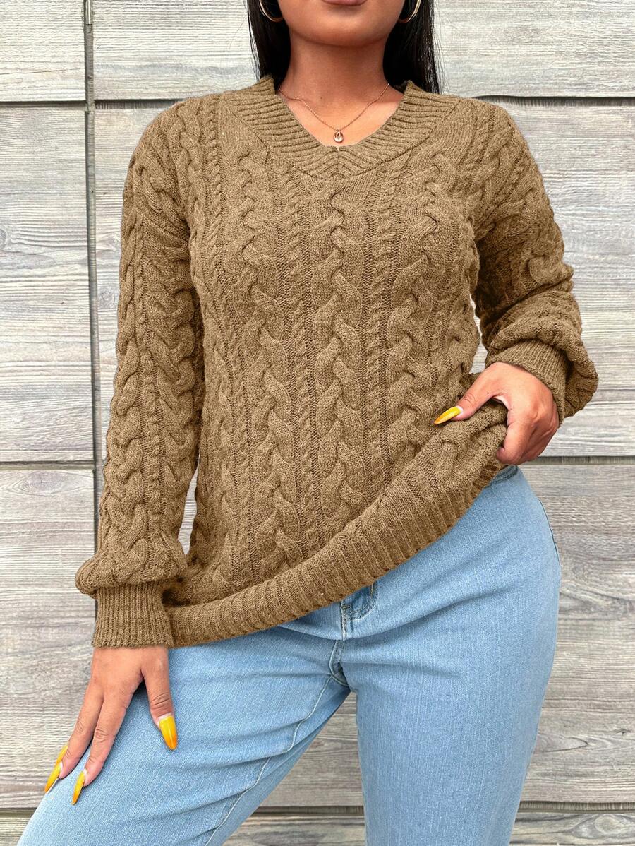 EURMUSE Plus Size Women Casual Solid Drop Shoulder Loose Cable Knit Pullover Sweater, For Winter - Camel - View 1
