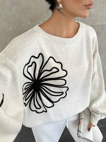 EURMUSE Women Solid Color Flower Pattern Round Neck Drop Shoulder Pullover & Sweater Pants Set - Beige - View 2