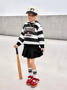 SHEIN Young Girl Outdoor Sports Winter Striped Contrast Color Thermal Lined Hoodie Sweatshirt, Breathable & Soft For Running, Workout & Training - Black and White - View 1