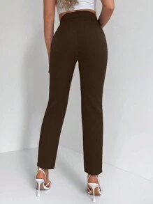 EURMUSE Women Solid Color Belted Simple Casual Pants - Brown - View 2