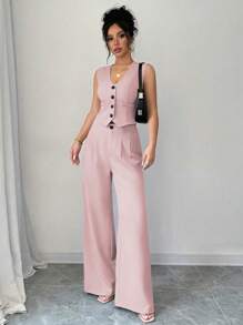 Conjunto de chaleco sin mangas y pantalones - Rosa Pálido - Ver 3
