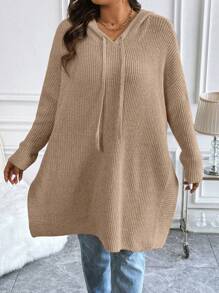 Plus Size Casual Daily Dropped Shoulder Loose Drawstring Hoodie Sweater, Autumn/Winter Knit Pullover Fall Sweater - Apricot - View 5