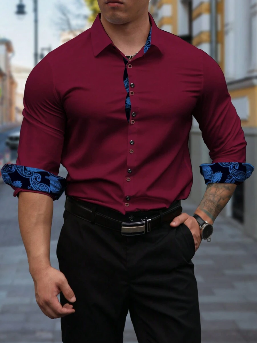 Manfinity Homme 男士纯色面板前扣长袖衬衫领基本款上衣,休闲日常穿着 - 紅色 - 查看 1