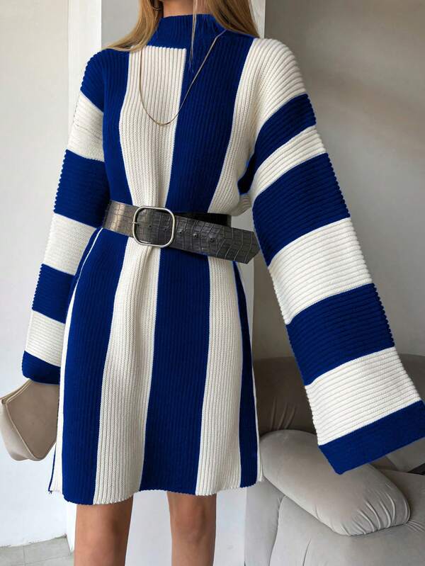 SHEIN Women's Autumn/Winter Contrast Color Stand Collar Drop Shoulder Long Sleeve Straight Loose Casual Sweater Dress
