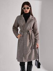SHEIN Tall Women Herringbone Pattern Turn-Down Collar Belted Coat - Brown - View 1