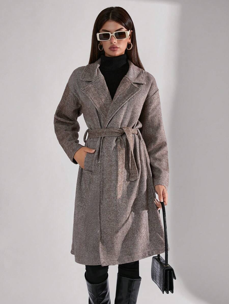 SHEIN Tall Women Herringbone Pattern Turn-Down Collar Belted Coat - Brown - View 1