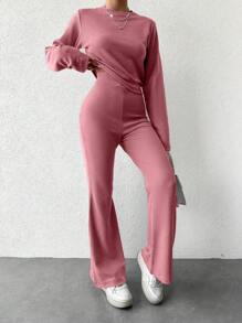 EURMUSE 女士 2 件套纯色长袖上衣和喇叭裤，休闲秋季服装 - 藕粉色 - 查看 3