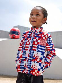 SHEIN Kurtka z kapturem w kratkę dla chłopca, wyścigowa, wiatrówka, swobodny strój sportowy do szkoły, na zewnątrz, na ulicę, na trening, do biegania