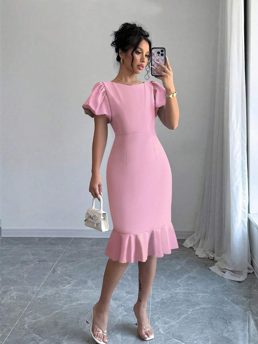 Elenzga Vestido elegante de mujer con cuello redondo, puños y bajo con volantes - Rosa - Ver 1