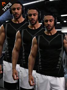 Gym Rark 3PCS Men's Compression Tops,Black Summer Athleisure Gym Set,Elastic Breathable Round Neck Graphic Print Athletic Tank Top Workout Compression Shirt - Black - View 1