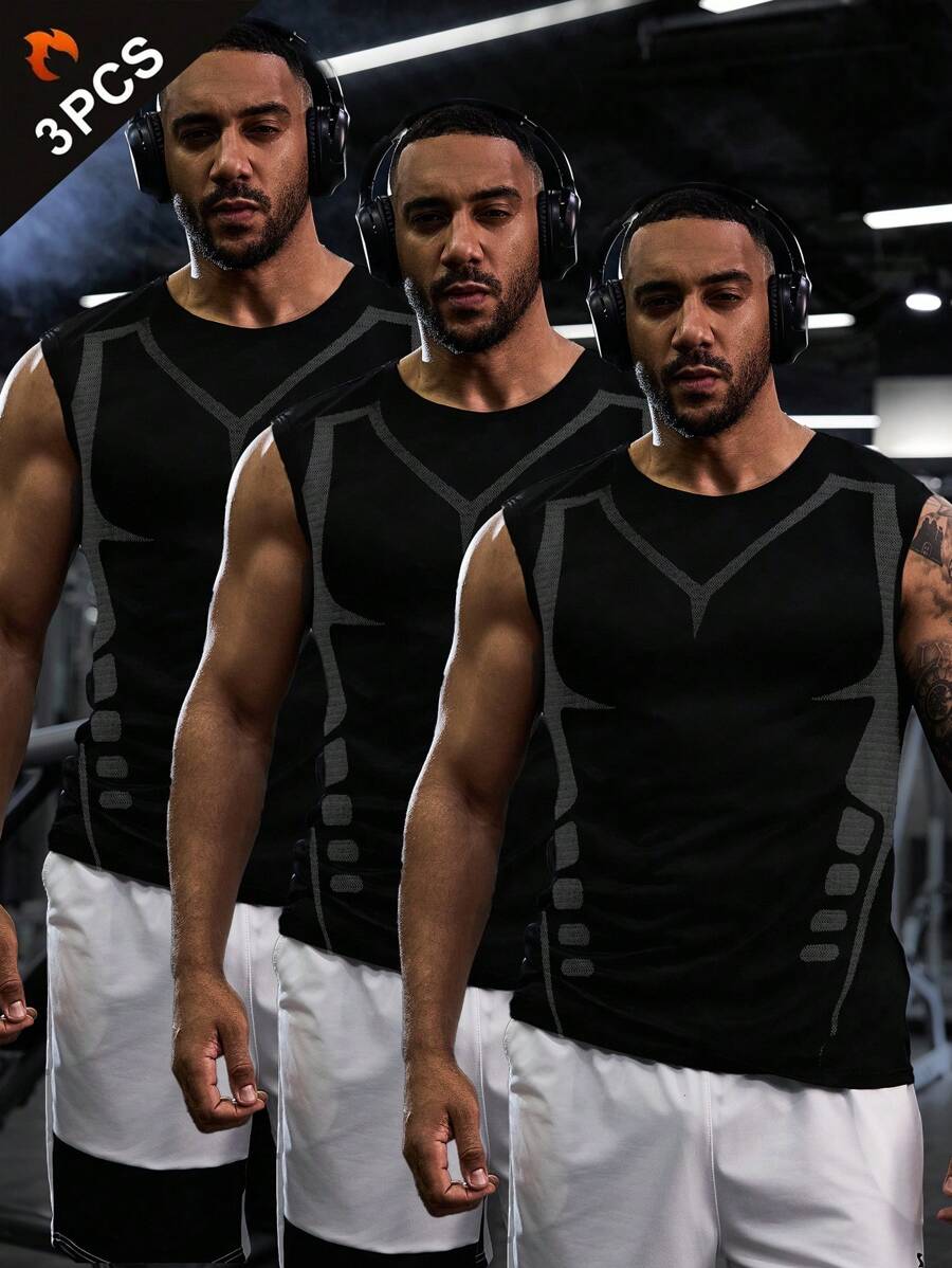 Gym Rark 3PCS Men's Compression Tops,Black Summer Athleisure Gym Set,Elastic Breathable Round Neck Graphic Print Athletic Tank Top Workout Compression Shirt - Black - View 1