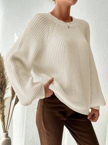 EURMUSE Plus Raglan Sleeve Ribbed Knit Sweater, For Winter - White - View 5