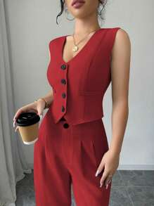 Selianne Sleeveless Blazer Vest & Solid Wide Leg Pants 2pcs Suit Set For New Year Clothes - Red - View 6