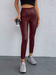 SHEIN Cottnline Leggings ajustados y elásticos de unicolor para otoño - Burdeos - Ver 5