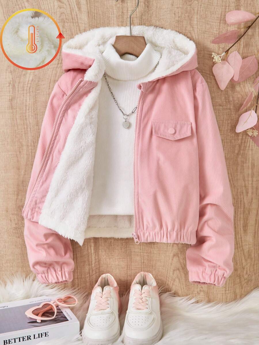 SHEIN Girls Short Kangaroo Pocket Hooded Jacket Outerwear, Warm & Ribbed Texture, For Big Tween Girl