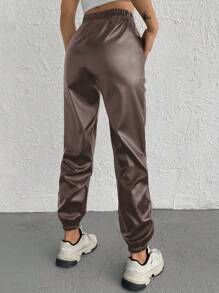 EURMUSE Solid Elastic Waist Slant Pockets Jogger Trousers - Chocolate Brown - View 5