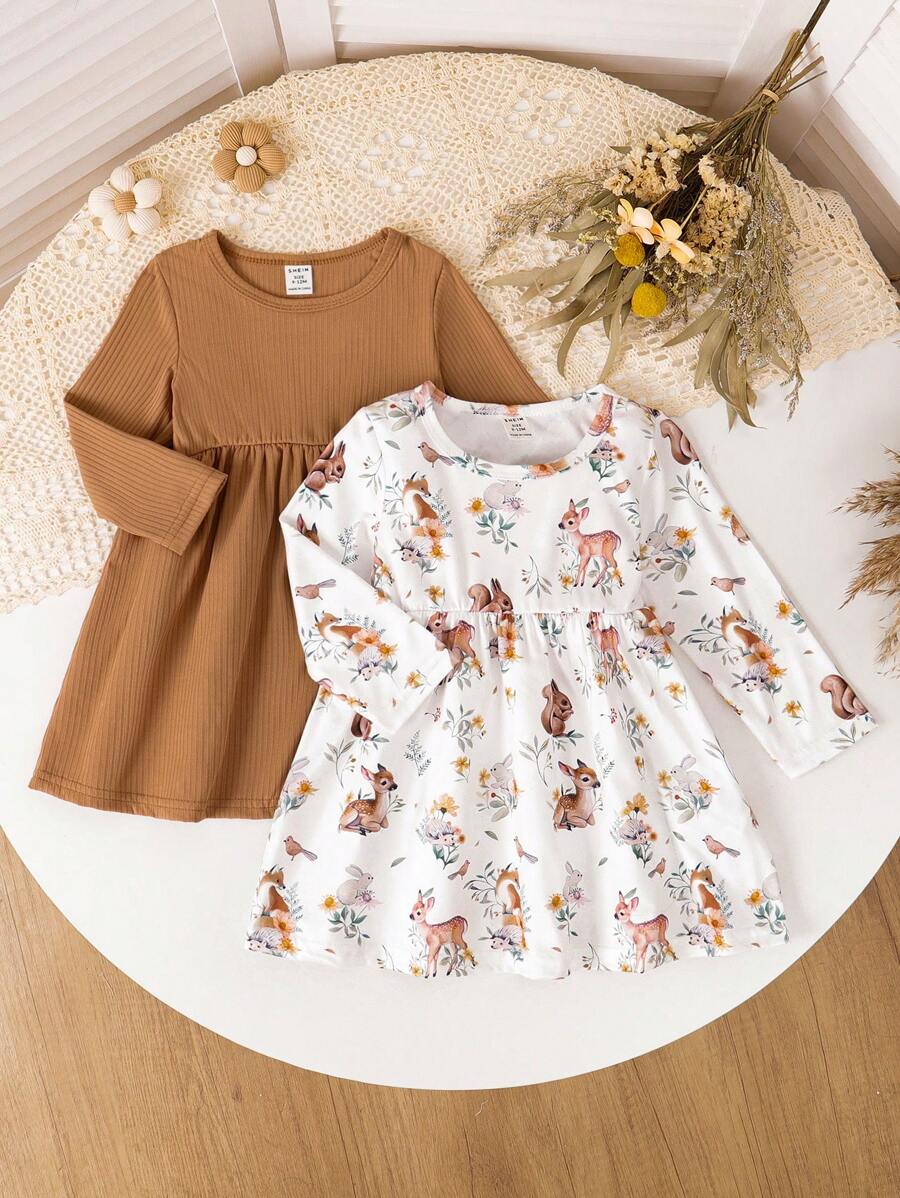 SHEIN Vintaside Kids 女婴 2 件套鹿和松鼠动物印花和纯色长袖连衣裙套装,秋冬 - 彩色 - 查看 1