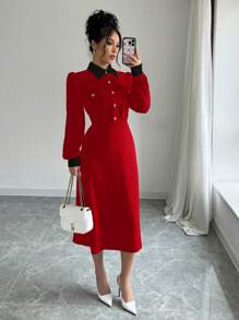 Elenzga 女士休闲优雅撞色边纽扣半开领中长连衣裙秋季新年服装长款女装