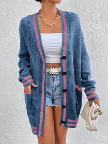 Chiquease Casual Contrast Color Dual Pocket Loose Front Button Cardigan, Suitable For Autumn & Winter