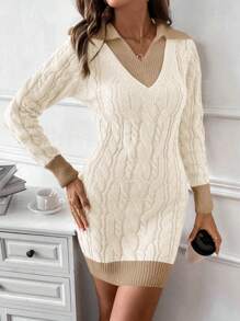 Chiquease 休闲日常拼色粗针织紧身毛衣连衣裙，秋冬 - 米色 - 查看 4