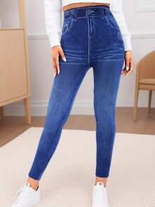 European American Fashion Simple Blue Denim Effect Elastic Waist Casual Leggings Soft Comfortable Fitness Running Sports Pants Yoga Home Exercise Outdoor Walking Skinny Cropped Tights