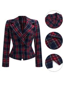 Celure Plus Size Vintage Short Thick Tweed Double-Breasted Lapel Waisted Slim Fit Long Jacket Coat - Multicolor - View 5