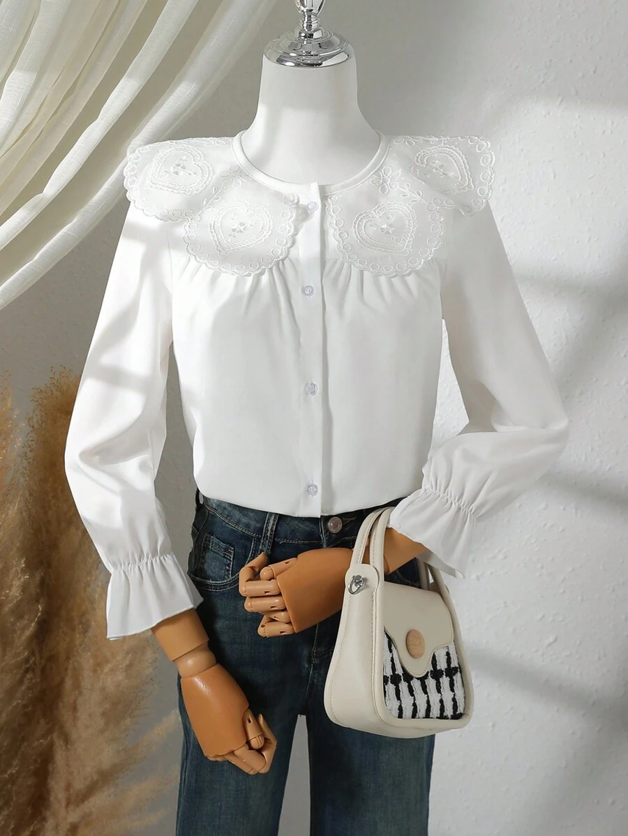 Tween Girl White Blouse With Embroidered Lace Puff Sleeve - White - View 1