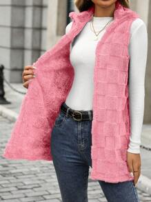 SHEIN LUNE Women Casual Commuting Fashion Fluffy Diamond-Patterned Sleeveless Mid-Length Vest Jacket - Pink - View 3