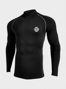 Gym Rark 2PCS 2025 Men's Compression Long Sleeve Shirt Boyfriend Style Men's Letter Print Stand Collar Raglan Sleeve Athletic T-Shirt Muscle Support & Recovery Tech With Contrast Stitch, Breathable Anti-Chafing For Running Gym Gym 2piece Set Breathable Workout Clothes Compression Shirt Men - Black - View 9